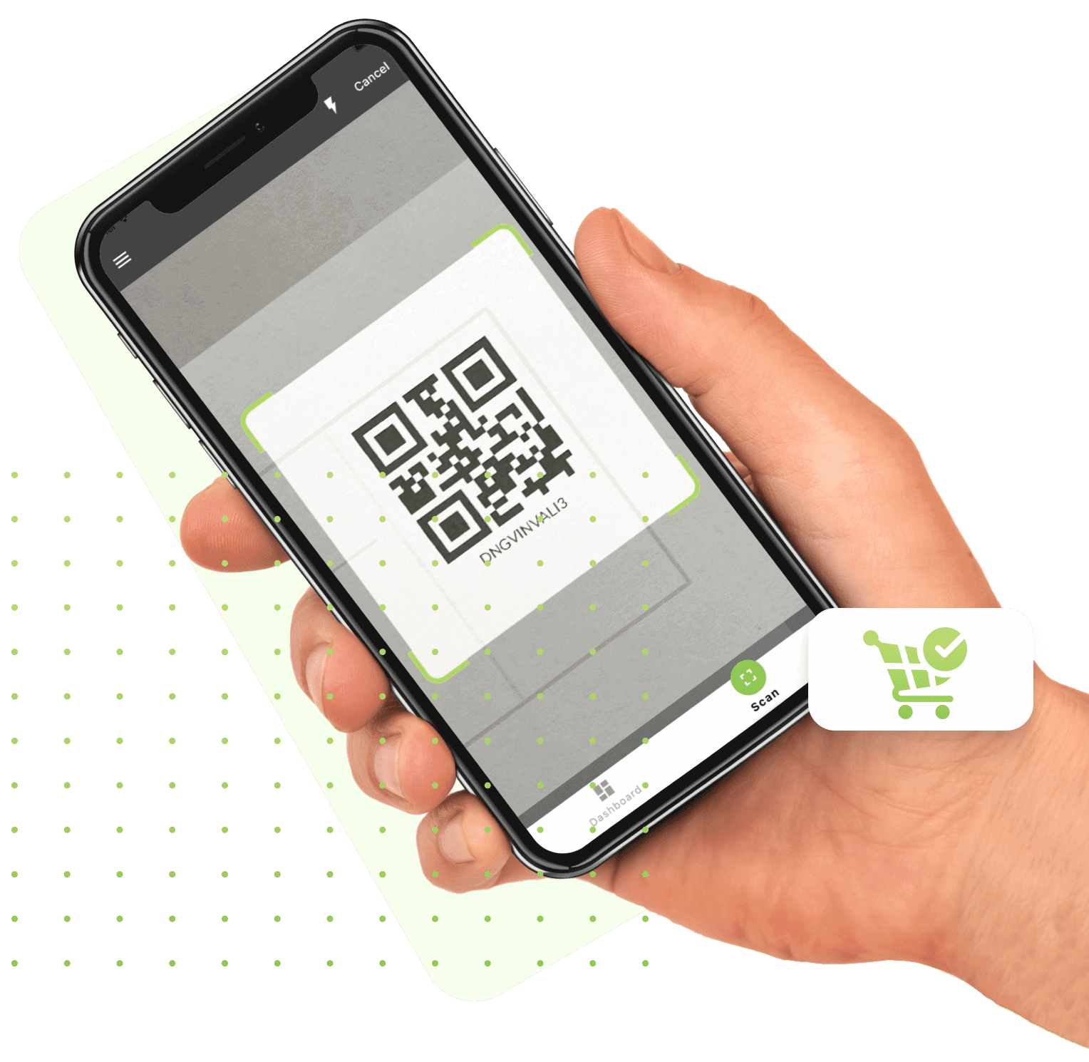 hand holding smartphone with QR code visible to add to shopping cart.